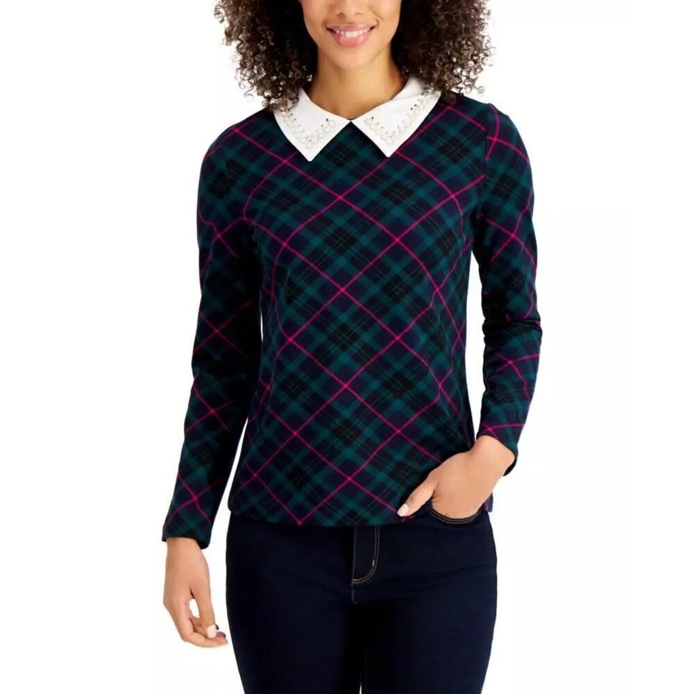 Charter Club Peter Pan Embelished Collar Top Plaided Multicolor Womens Large NEW